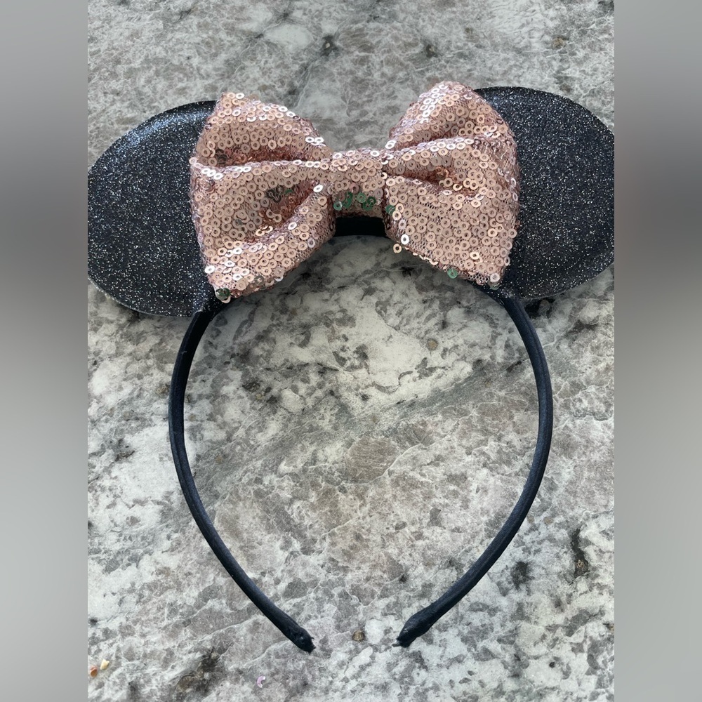 Disney Minnie Mouse Ears Headband Rose Gold Sparkle Shimmer Sequins